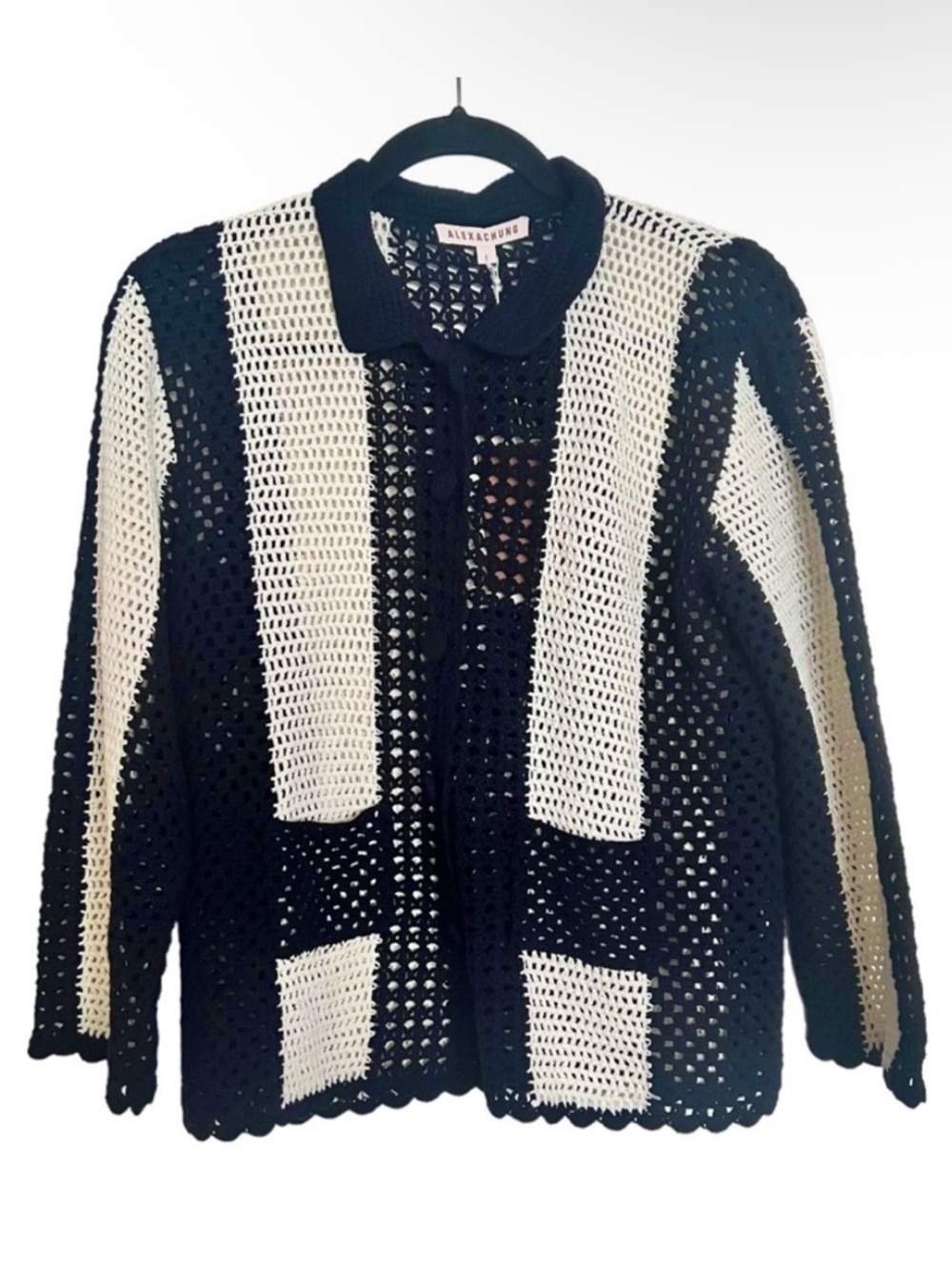 AlexaChung Blue / Ecru Bowling Two Tone Crochet Cardigan Jacket NWT Large